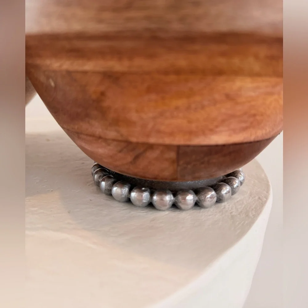 ACACIA WOODEN BOWLS (SET OF 3)‎ MADE IN INDIA STAINLESS ACCENT BEADED BASE EUC